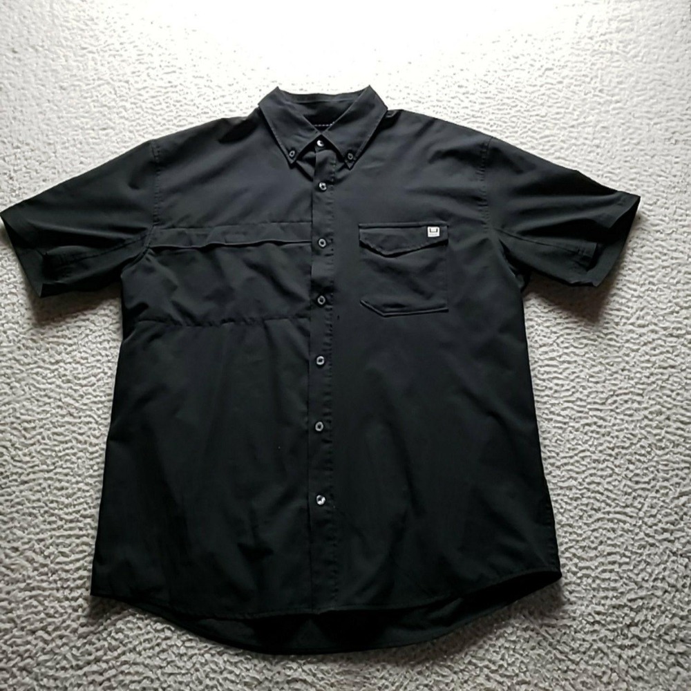 Huk Shirt Mens Large Black Solid Short Sleeve Fishing Vented Pockets Button-Up
